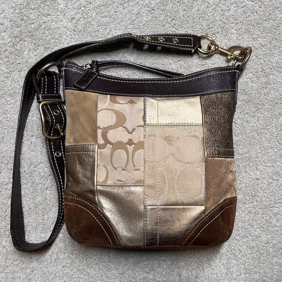 VTG Coach Signature Patchwork Purse Gold Leather  Brown Suede Shoulder Crossbody - Picture 1 of 16